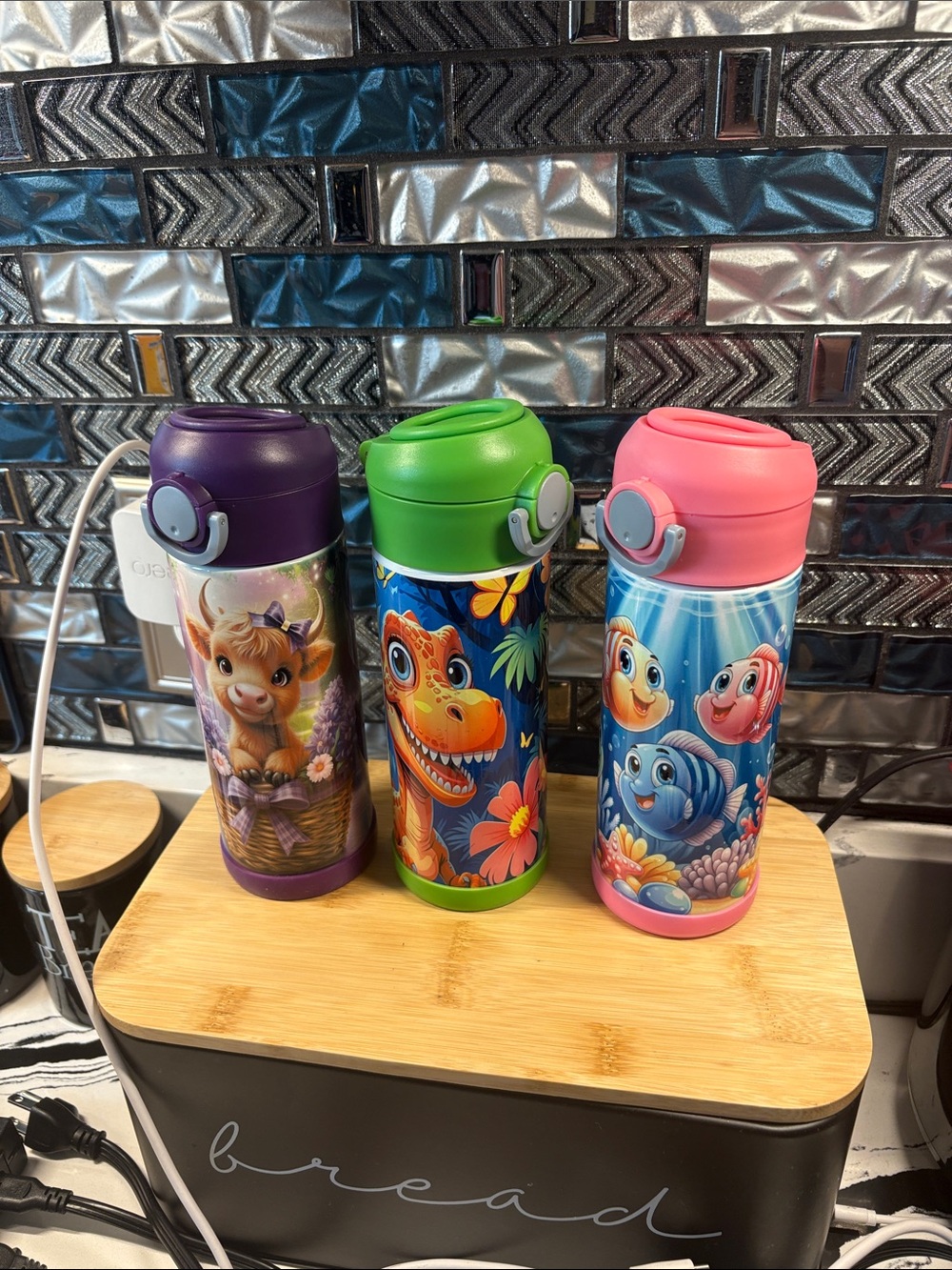 Set of 3 Kids' Cartoon Stainless Steel Water Bottles - Purple, Green, Pink